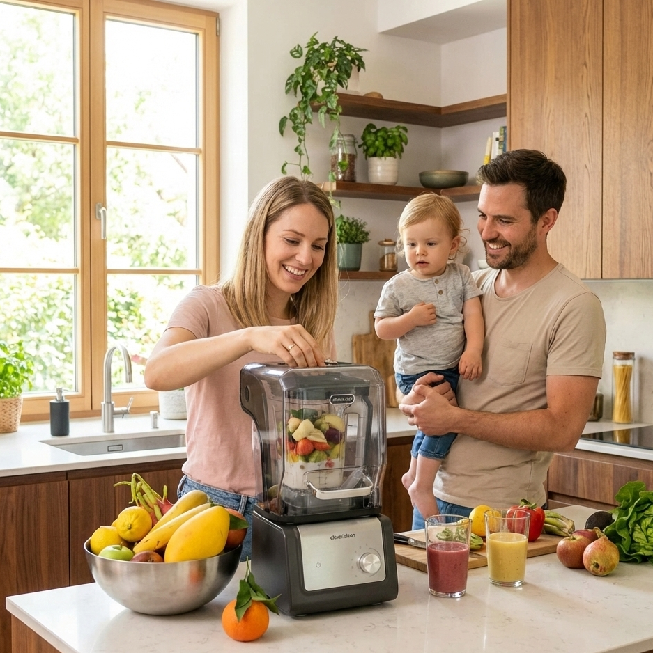Семья готовит смузи с вакуумным блендером